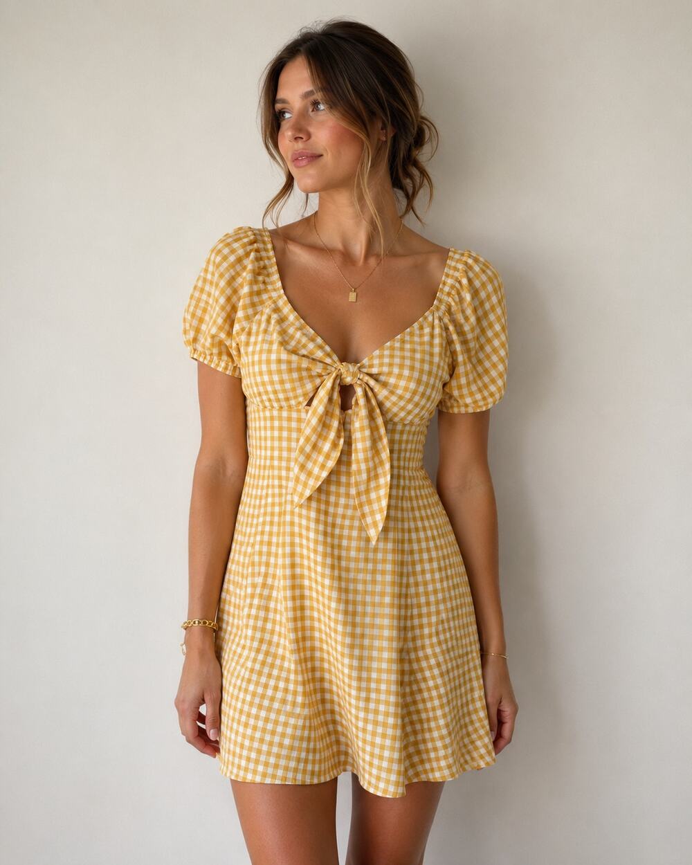 FSL + Apparel Yellow Gingham Tie Bust Mini Dress M